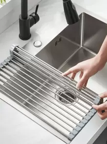 1 pièce Égouttoir extensible en acier inoxydable à placer sur l'évier, couleur noire et grise avec des bras réglables. Organisateur de cuisine/salle de bain fonctionnel pour plats, ustensiles de cuisine, légumes et fruits. Cadeau de Nouvel An et de Noël