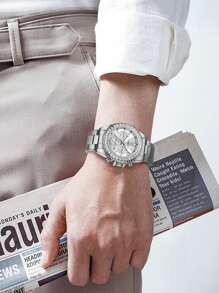 1pc Luxury Business Men's Watch, Chronograph, Rainbow Case Men's Stainless Steel Strap Calendar Night Light Quartz Watch, Men's Casual Watch, Waterproof Clock Women's Watch+Free Chain Link Remover