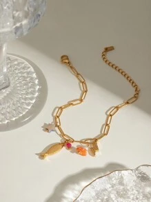 Uworld 1 pieza de brazalete de cadena de acero inoxidable de moda y personalizado para mujer con colgante de estrella de mar, concha, corazón y piedra natural. Adecuado para uso diario, vacaciones, playa o como regalo