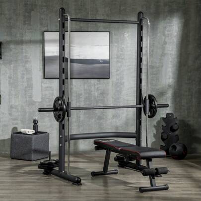 Soozier Adjustable Squat Rack With Pull Up Bar And Barbell Bar, Multi-Function Bench Press Weight Lifting Equipment