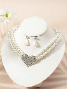 3 件几何波西米亚风优雅仿珍珠项链耳环套装，颈链新娘婚纱派对圣诞服装配饰，四季皆宜 - 白色 - 查看 2