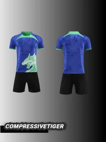 2pcs Personalized Soccer Jersey - Customizable Name And Number Print Short Sleeve T-Shirt + Shorts Co-Ord Dragon Pattern Quick-Drying Sweat-Absorbing Sports Set As Gift