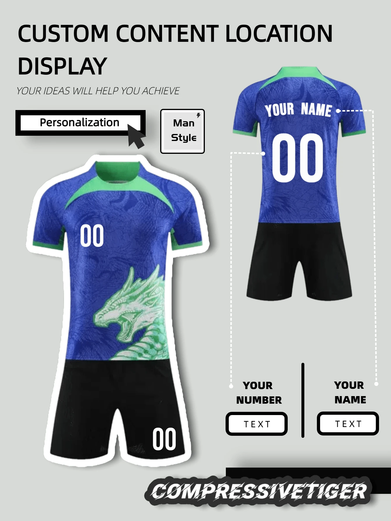 2pcs Personalized Soccer Jersey - Customizable Name And Number Print Short Sleeve T-Shirt + Shorts Co-Ord Dragon Pattern Quick-Drying Sweat-Absorbing Sports Set As Gift