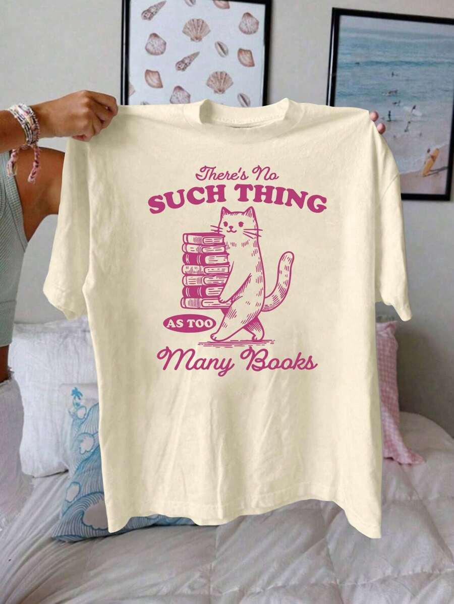 You Can Never Have Too Many Books Graphic Print T-Shirt, Short Sleeve Crew Neck Casual Top For Summer & Spring, Women's Clothing - 杏色 - 查看 1
