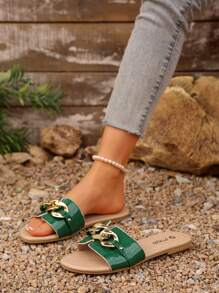 女士链条装饰一脚蹬拖鞋，夏季新款波西米亚风格平底室内/户外凉鞋，时尚通勤拖鞋平底低跟女士凉鞋