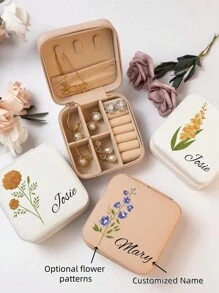 1pc Customized Name Jewelry Box, Customized Birthday Floral Jewelry Box (Women's Version), Leather Mini Floral Jewelry Travel Box, Personalized Birthday Valentine's Day Gift, Elegant Mom Jewelry Box, Travel Jewelry Storage Box - Black - View 2