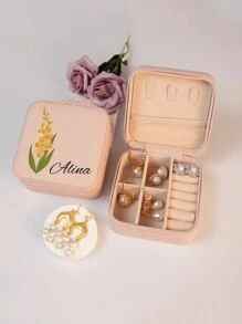 1pc Customized Name Jewelry Box, Customized Birthday Floral Jewelry Box (Women's Version), Leather Mini Floral Jewelry Travel Box, Personalized Birthday Valentine's Day Gift, Elegant Mom Jewelry Box, Travel Jewelry Storage Box - Black - View 8