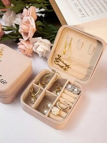 1pc Customized Name Jewelry Box, Customized Birthday Floral Jewelry Box (Women's Version), Leather Mini Floral Jewelry Travel Box, Personalized Birthday Valentine's Day Gift, Elegant Mom Jewelry Box, Travel Jewelry Storage Box - Black - View 7