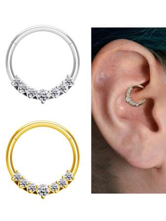 1pc 316l Stainless Steel Nose Ring With 7 Cubic Zirconia, Body Piercing Jewelry For Septum