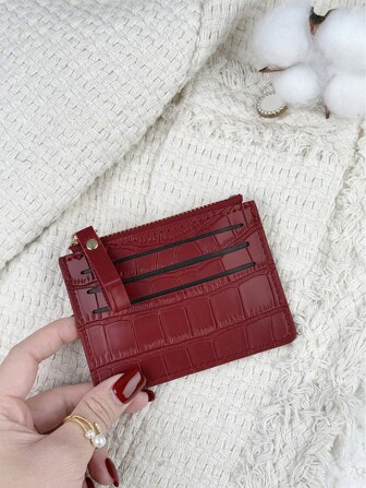 Burgundy Bag Charry Red Bag Wine Red Bag Stone Pattern Alligator Print PU Portable Zipper Ultra-Thin Minimalist Small 6-Card Pack Multi-Card Purse Fashion Short Wallet Simple Daily Use Card Holder Card Holder Wallet Business Card Holder Credit Card Holder Card Holder Women For Women Mini Wallet Card Wallet