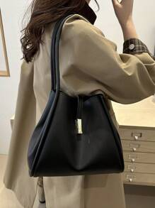 1 chiếc túi xách PU màu trơn có khóa bấm chần bông, túi xách tay hình đôi cánh phong cách cổ điển mới, túi đeo vai đi làm thường ngày dung tích lớn, túi tote da thời trang, phù hợp cho phụ nữ sử dụng hàng ngày - màu đen - Xem 4