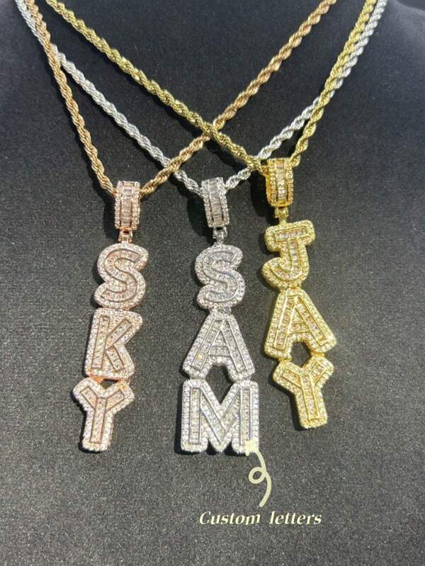 Custom Vertical Cursive Letter Pendant, Brass & Cubic Zirconia Necklace, DIY Name Charm, Hip-Hop Couple Daily Wear, Gift With Twisted Rope Chain Silver, Gold, Rose Gold Stylish, Vintage, Simple, Unisex, School Supplies, For Teenagers, Junior High School Students, Middle School Students, High School Senior High School Students, College Students, University Students, Freshman, Sophomore, Underclassmen,Customized Fashion Word Necklaces,Street Casual Chic