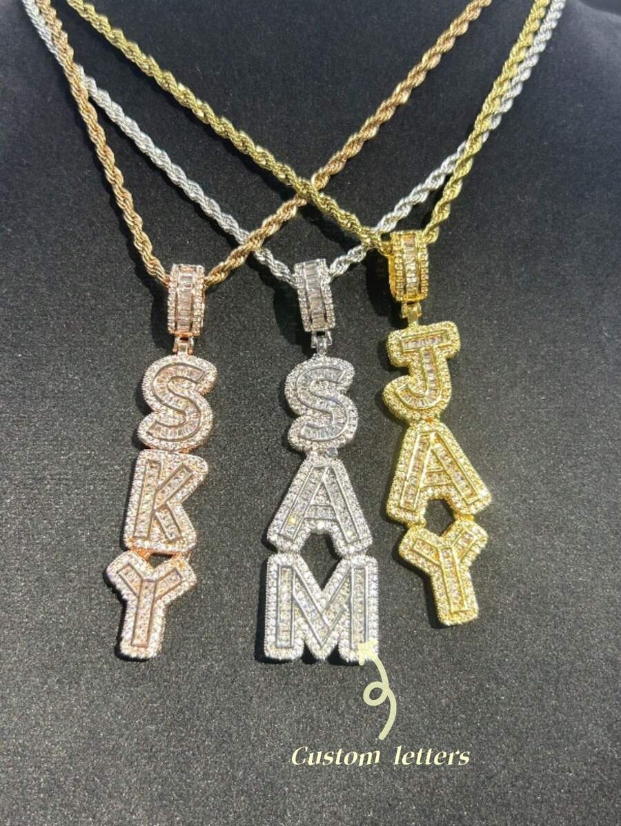 Customized Vertical Small Ice Sugar Letter Pendant Brass Cubic Zirconia Necklace, DIY Name Pendant, Hiphop Couple Everyday Wear, Comes With 1 Braided Chain - 豎排毛刺 - 查看 1
