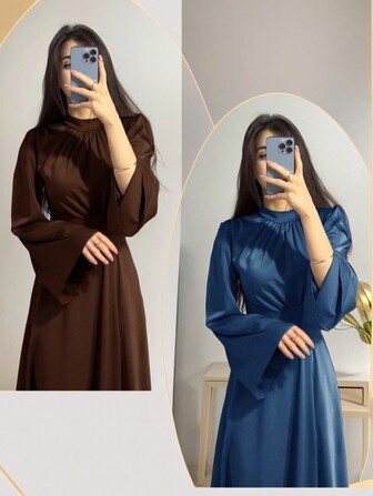 女士两件套纯色春秋圆领系带喇叭袖缎面优雅阿拉伯风格连衣裙