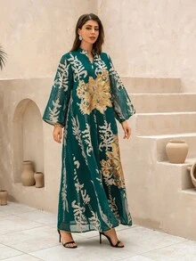 女式 V 领长袖连衣裙，带花卉亮片、网眼面料、优雅奢华的 Jalabiya 风格，适合所有季节