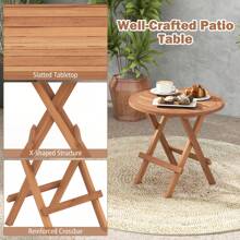 Lifezeal Patio Folding Side Table Indonesia Teak Wood Round Slatted Tabletop Portable Camping