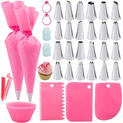 36pcs Pink Piping Bags & Tips Set,24 Stainless Steel Nozzle Icing Tips With 2 Reusable Silicone Pastry Bag,Icing Smoother,Silicone Baking Cups,2Couplers Cake Decorating Tools Kit For Baking Decorating Back To School
