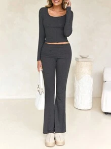 GAOVOT Dam Tvådelad Vår Sommar Y2K Slim Sexig Enfärgad Fyrkantig Krage Långärmad Topp Och Lätt Utsvängda Byxor Byxkostym Gym - Mörkgrå - Visa 4