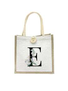 Daisy Flowers Initials Pattern Handbag,Letters A-Z Printed Linen Handbag,Small Floral Linen Button Decorative Handbag - White - View 13