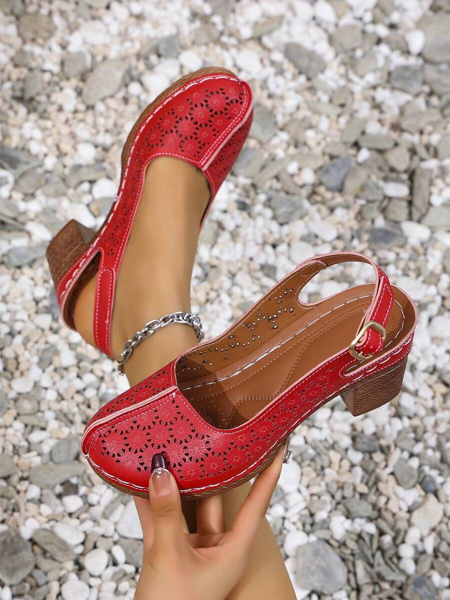 Sandalias de tacón alto con puntera redonda perforada para mujer, zapatos de tacón grueso de estilo francés casual para verano, tacones de plataforma para mujer - Rojo - Ver 1