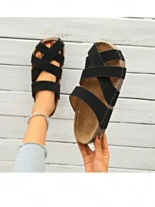 女士厚底一脚蹬露趾厚底凉鞋，复古时尚高跟优雅女士休闲舒适黑色凉鞋 - 黑色 - 查看 3