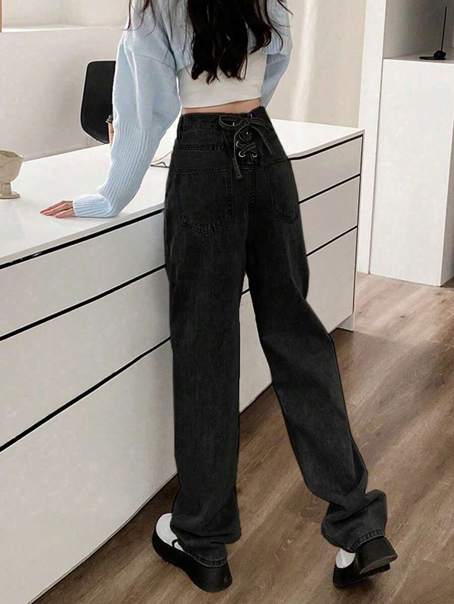 Women's High Waisted Straight Leg Jeans With Tie Back - Black - View 1