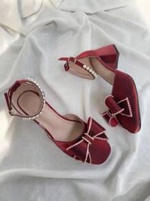 Teens' Square Toe Heels, Fashionable, Elegant, Comfortable Soft Material, Ribbon & Pearl Design, Basic Style Suitable For Various Occasions - Red - View 4