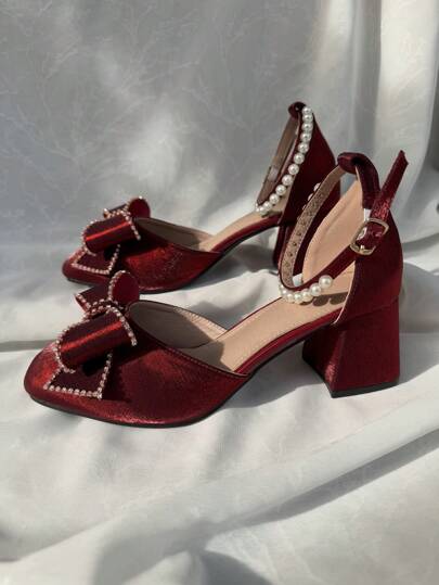 Teens' Square Toe Heels, Fashionable, Elegant, Comfortable Soft Material, Ribbon & Pearl Design, Basic Style Suitable For Various Occasions