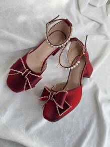Teens' Square Toe Heels, Fashionable, Elegant, Comfortable Soft Material, Ribbon & Pearl Design, Basic Style Suitable For Various Occasions - Red - View 7