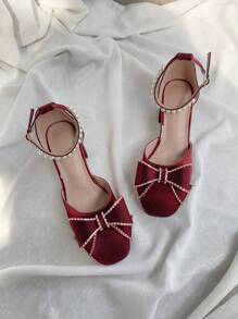 Teens' Square Toe Heels, Fashionable, Elegant, Comfortable Soft Material, Ribbon & Pearl Design, Basic Style Suitable For Various Occasions - Red - View 3