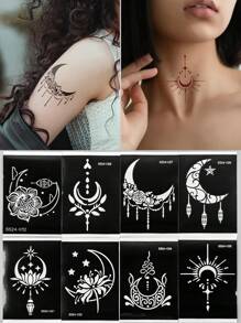 Tiebeauty 8 件纹身模板贴纸月亮玫瑰花朵模板贴纸镂空贴纸模板适用于人体彩绘可重复使用 - 黑色 - 查看 1