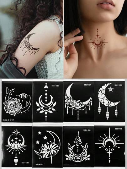 Tiebeauty 8 件纹身模板贴纸月亮玫瑰花朵模板贴纸镂空贴纸模板适用于人体彩绘可重复使用