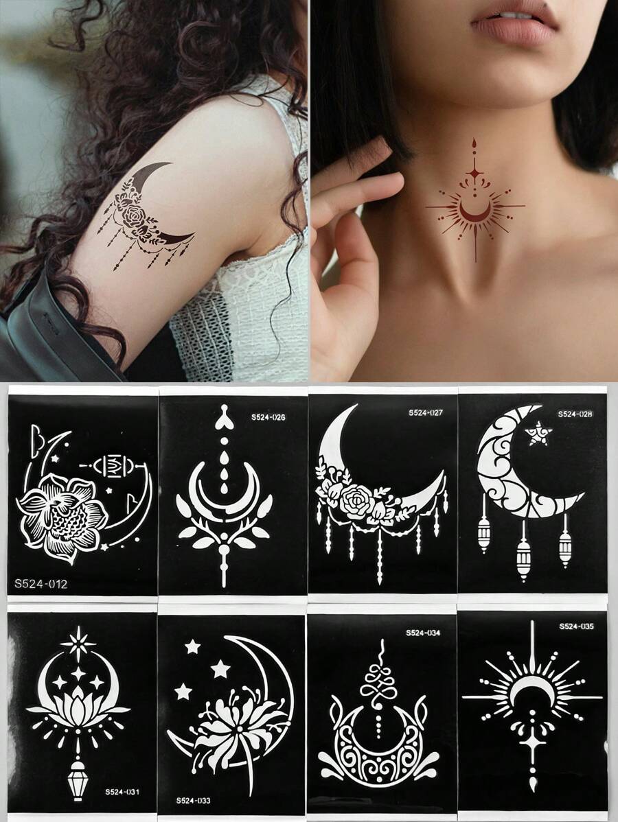 Tiebeauty 8 件纹身模板贴纸月亮玫瑰花朵模板贴纸镂空贴纸模板适用于人体彩绘可重复使用 - 黑色 - 查看 1
