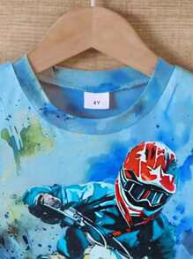 1pc Menino Jovem Casual Motocicleta Padrão Tie-Dye Manga Curta Leve Malha T-Shirt, Verão - Azul - Ver 4