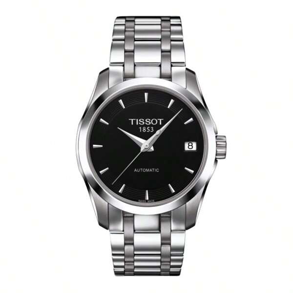 Tissot ساعة تعمل بحركة آلية تلقائية مقاومة للماء ذات تقويم لأعمال السيدات الهادئة مقاس 32 ملم، ستانلس ستيل قابل للطي، سوار ستانلس ستيل رقم T035.207.11.051.00
