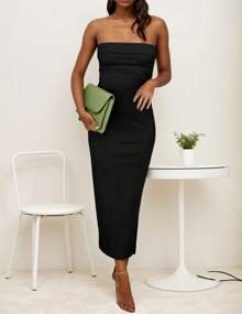 hoteel Women's Bodycon Maxi Tube Dress Strapless Side Slit Party Dresses - màu đen - Xem 4