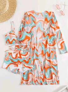 3-Pieces Geometric Print Bikini Sets, V Neck Boxer Short Bottom With Cover Shirt Long Sleeves Swimsuit, Women's Swimwear & Clothing Valentine's Day - 亮橙色 - 查看 3