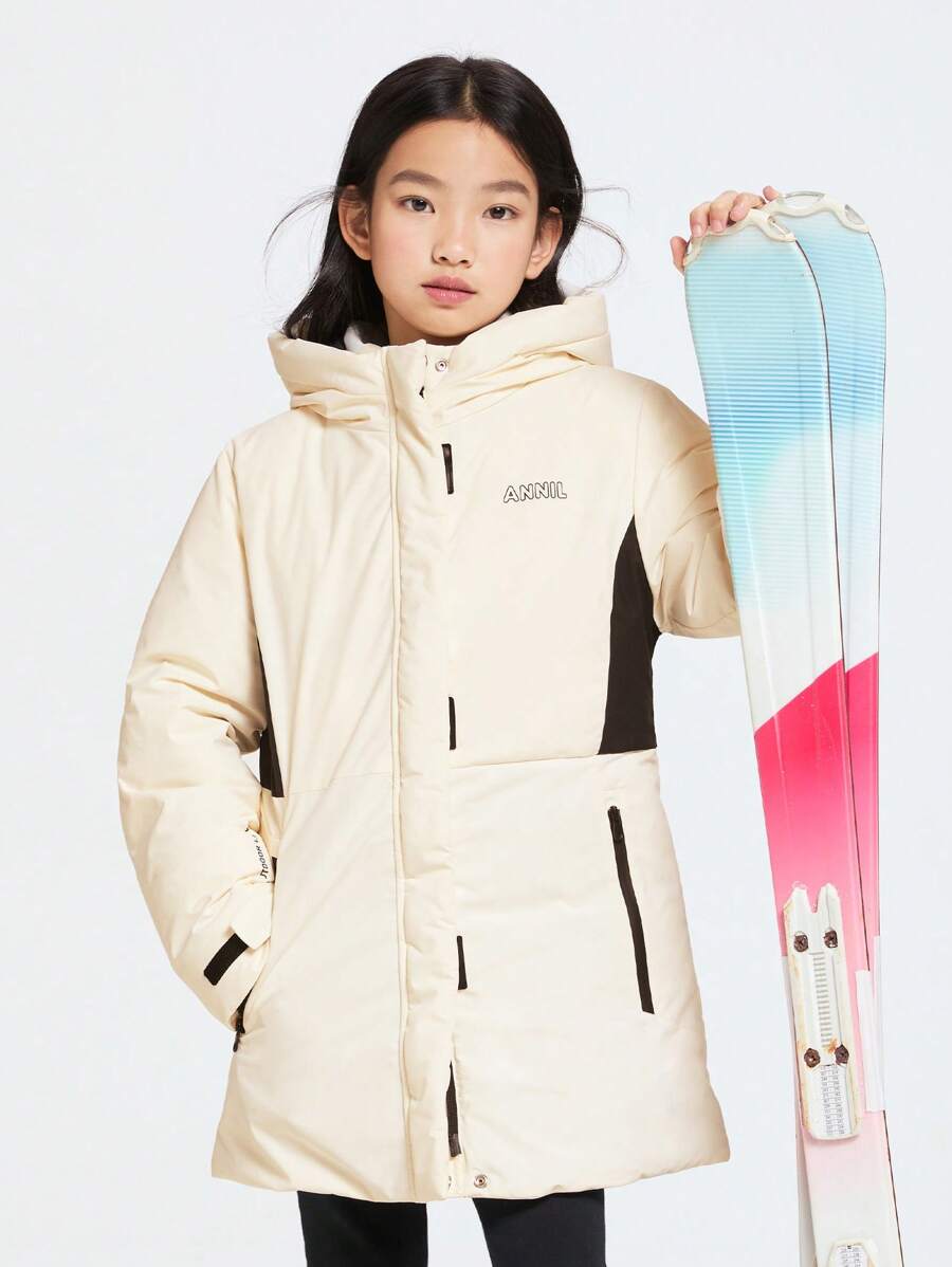 Annil 童装女童女孩成人青少年中长款羽绒服防风保暖防寒户外功能性连帽外套冬季 - 白色 - 查看 1