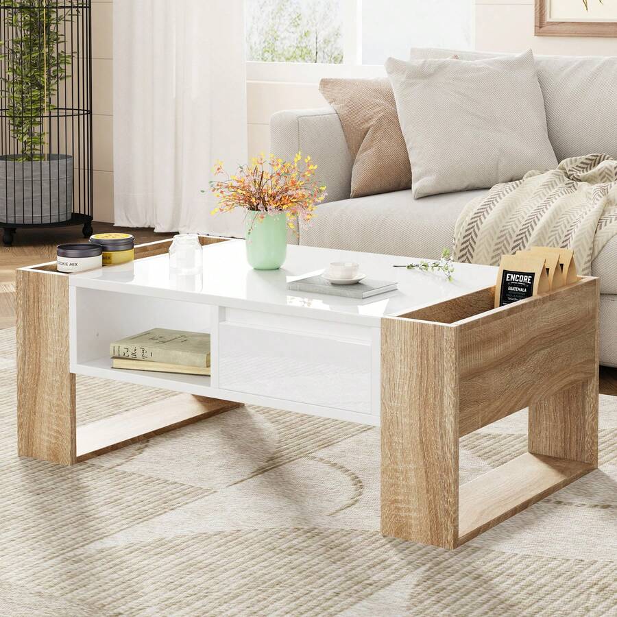 MERAX High Glossy Coffee Table With 2 Drawers, Practical Two Tone Center Table With Hidden Compartments, Rectangle Cocktail Table With Open Storage Shelf For Living Room, Bedroom, White/Black, 41.3*23.6" - Trắng + Tự nhiên - Xem 1