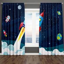 1 Set / 2 Stück Cartoon Weltraum Vorhänge, 100% Polyester halbtransparent - UV-Schutz Gardinen, mit Motiven von Galaxie, Rakete, Astronaut, Universum, Planet Fensterdekorationen, coole 3D-bedruckte Fenstervorhänge mit Themendesign