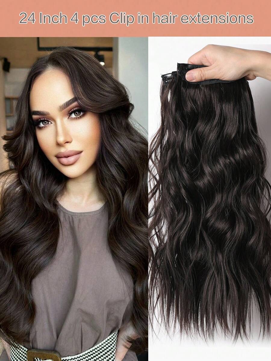 Bộ 4 miếng tóc nối kẹp màu đen nâu tự nhiên, dài 24 inch, tóc giả dạng sóng, phù hợp cho phụ nữ và bé gái sử dụng hàng ngày.