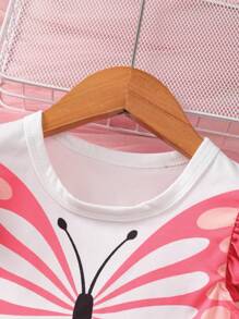 Conjunto con estampado de mariposa lindo, manga con volantes, shorts, ropa de verano para niñas, atuendo para adolescentes - Rosa - Ver 4