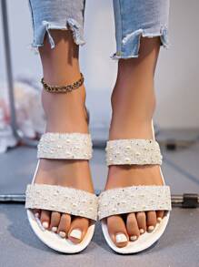 Summer Women Fashion Flat Sandals, New 2025 Model, Crystal Embellished Slip-On Flat Mules, Open Toe, Luxury Casual, Plus Size