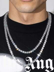 kuuioe 1pc Square Rhinestone Super Shiny Punk Gothic Necklace & Bracelet, Unisex Hip Hop Fashion Accessory Suitable For Party, Everyday Wear