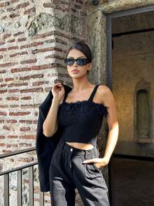Black Sleeveless Knit Camisole Top, Casual And Fashionable For Summer - Black - View 1