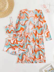 3-Pieces Geometric Print Bikini Sets, V Neck Boxer Short Bottom With Cover Shirt Long Sleeves Swimsuit, Women's Swimwear & Clothing Valentine's Day - 亮橙色 - 查看 4
