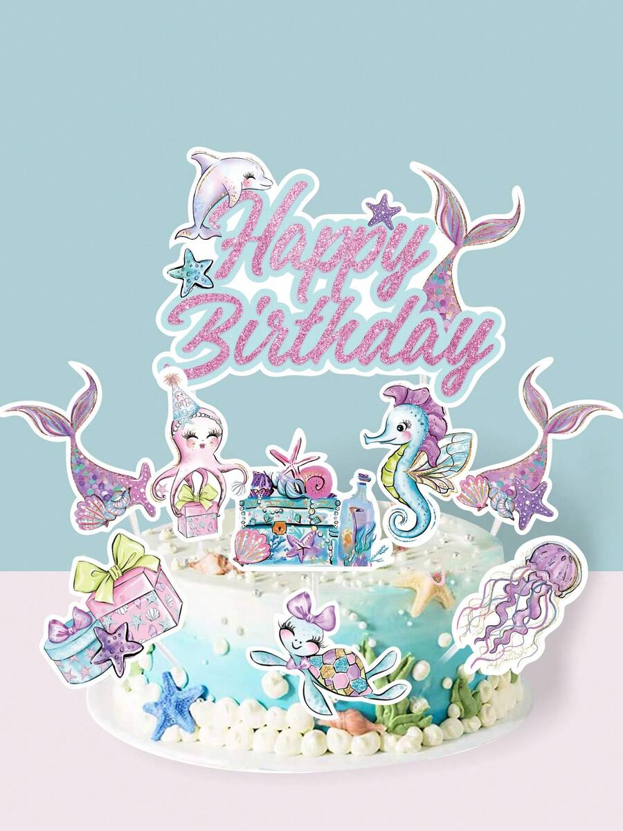 17件套紫色美人鱼生日蛋糕装饰套装，美人鱼主题生日派对蛋糕装饰，蛋糕架，纸杯蛋糕装饰插牌，蛋糕签，生日烘焙DIY用品，生日礼物派对小礼品 - 美人魚 - 查看 1