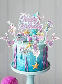 17件套紫色美人鱼生日蛋糕装饰套装，美人鱼主题生日派对蛋糕装饰，蛋糕架，纸杯蛋糕装饰插牌，蛋糕签，生日烘焙DIY用品，生日礼物派对小礼品 - 美人魚 - 查看 7