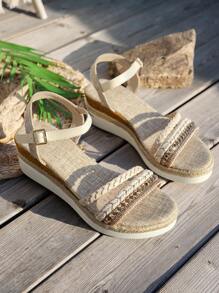 WRCVS 米色编织带厚底凉鞋，夏季楔形厚底拉菲草鞋底时尚假日凉鞋，随机编织方向，波西米亚风格增高鞋，水晶刺绣复古鞋 - 米色 - 查看 7