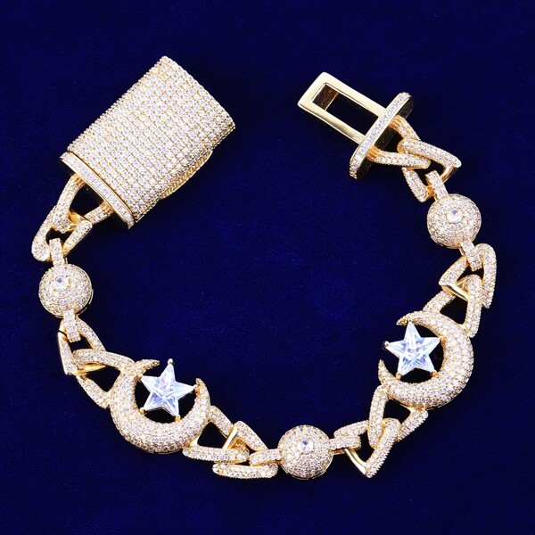 DUBSS 1 Pieza Brazalete de eslabón con efecto helado con luna y estrella para hombres, joyería de hip hop real con cobre y circonita cúbica